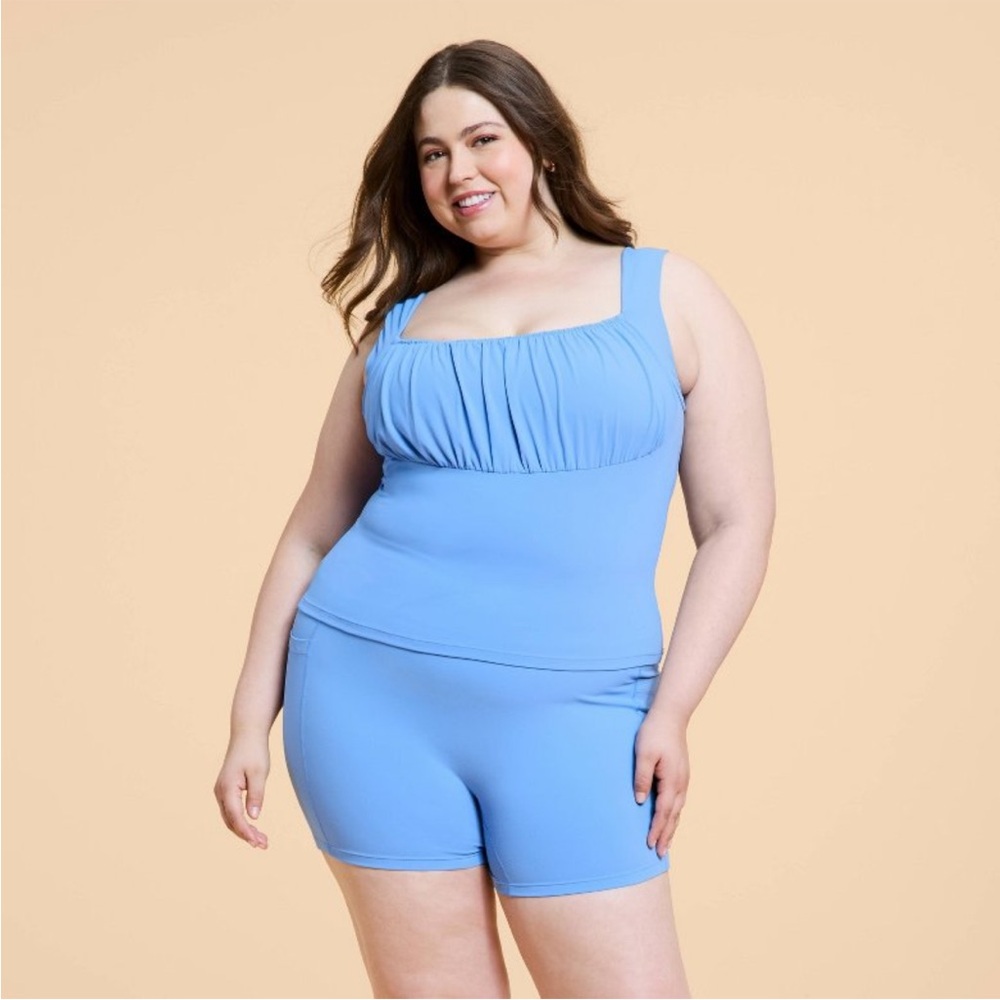 Blue Ruched Tankini Top & Swim Shorts Set - Women